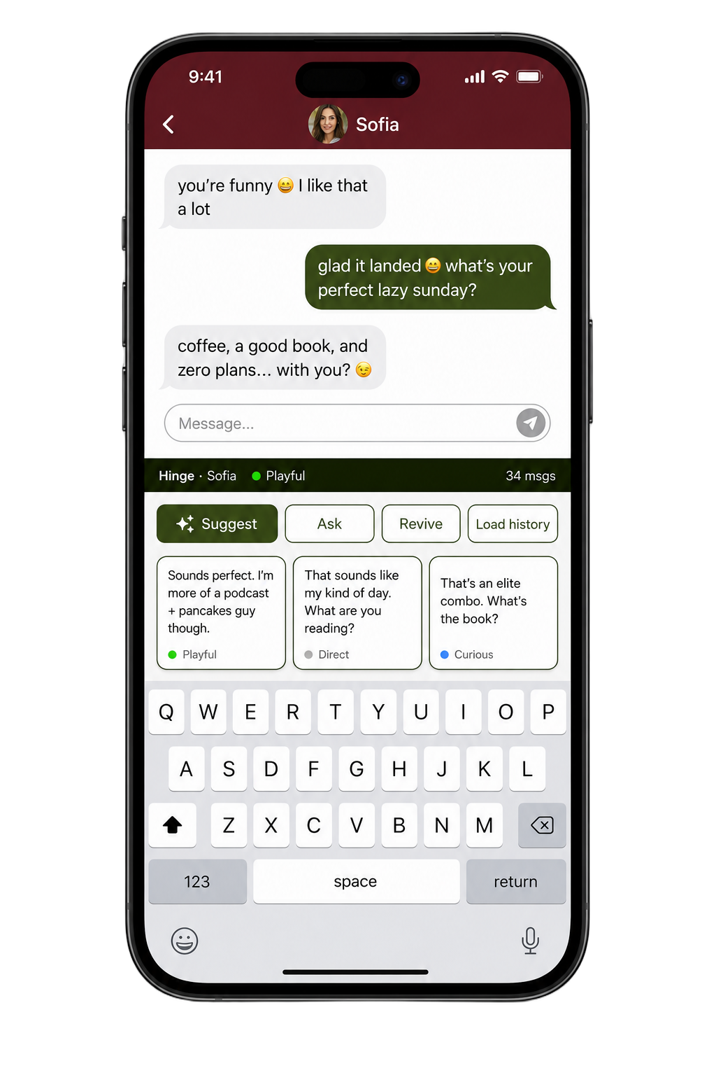 Replaiit keyboard showing AI suggestions inside a Hinge conversation